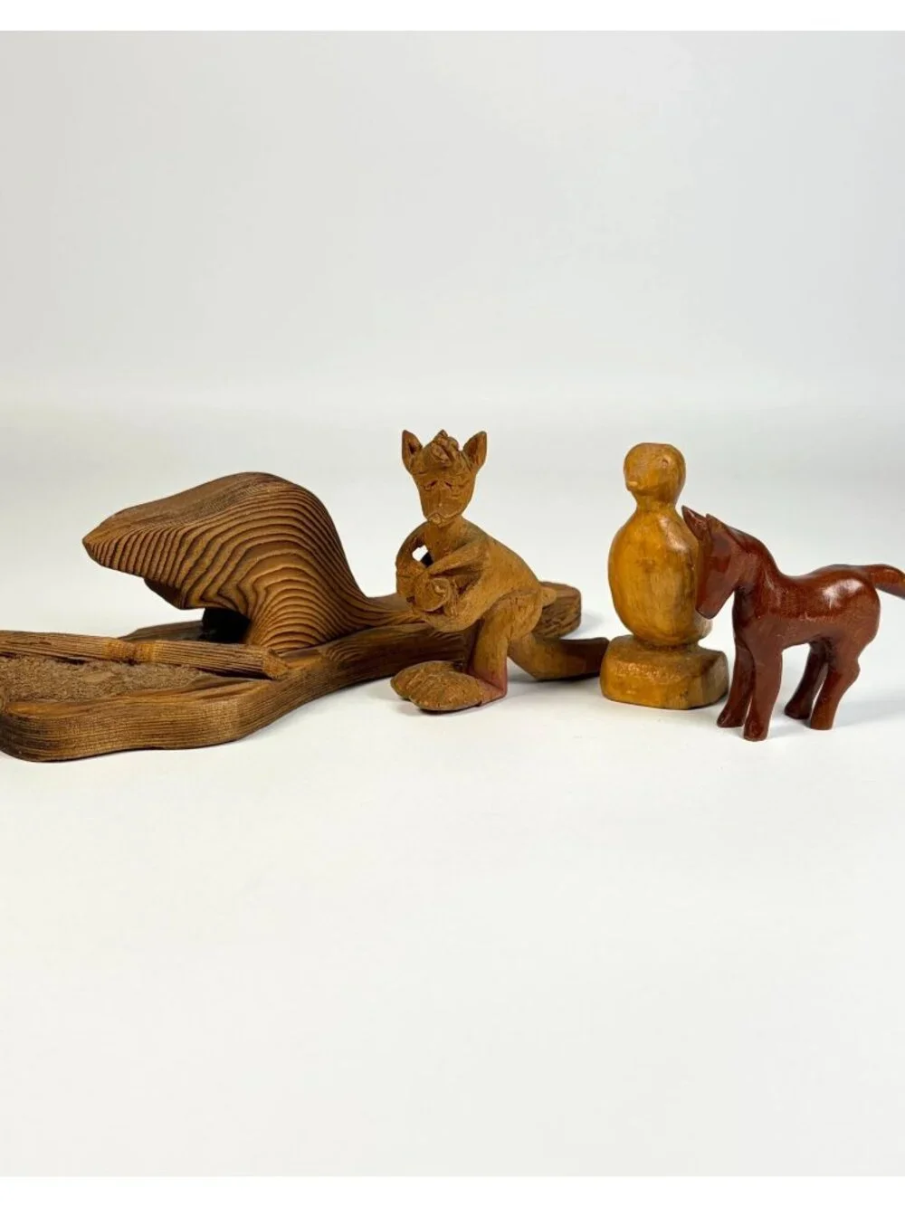 Lot of 4 Hand Carved Wooden Animal Figurines Beaver Horse Kangaroo Bird Rustic